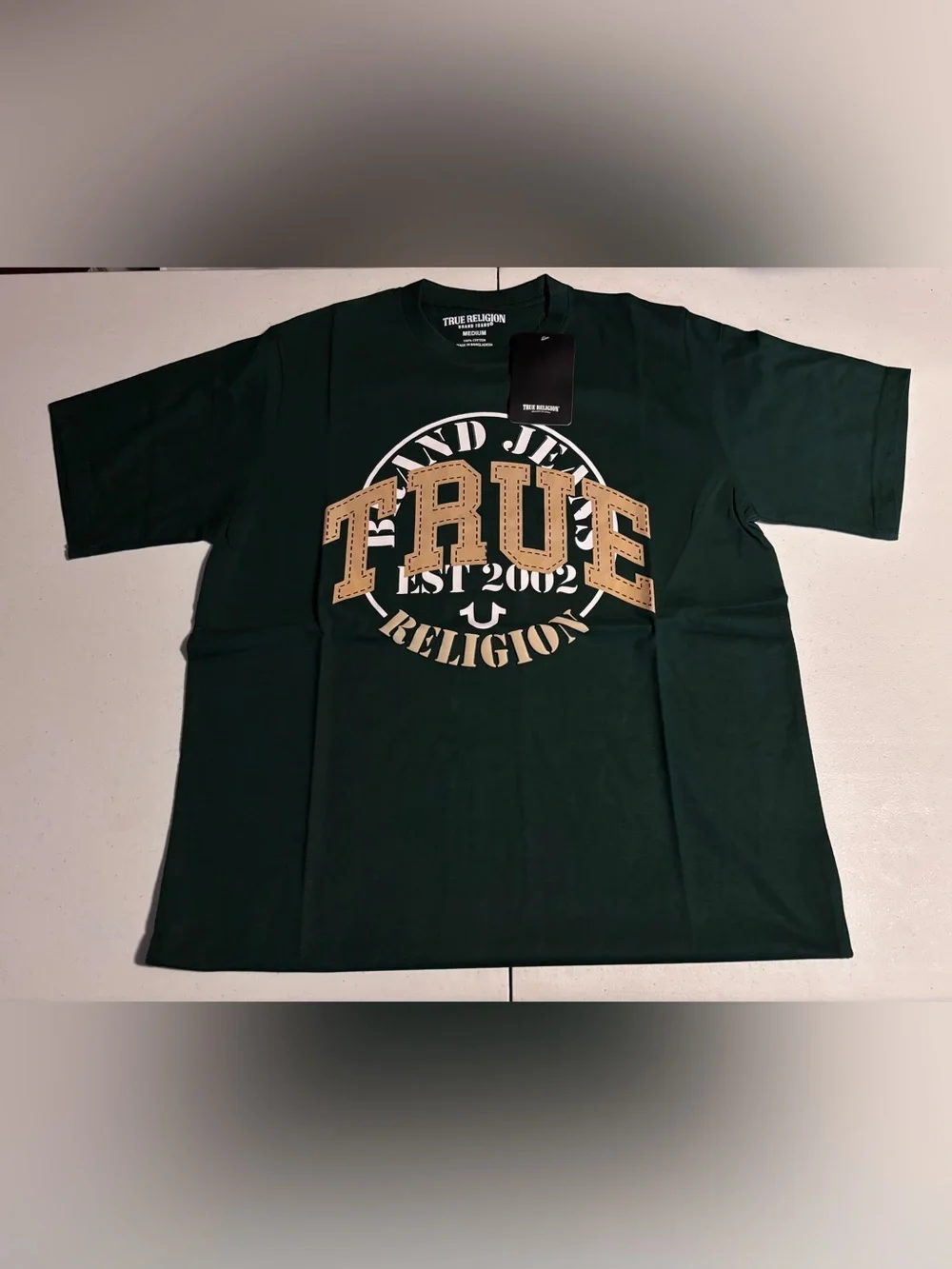 True Religion Green Tee with Nude Logo Graphic